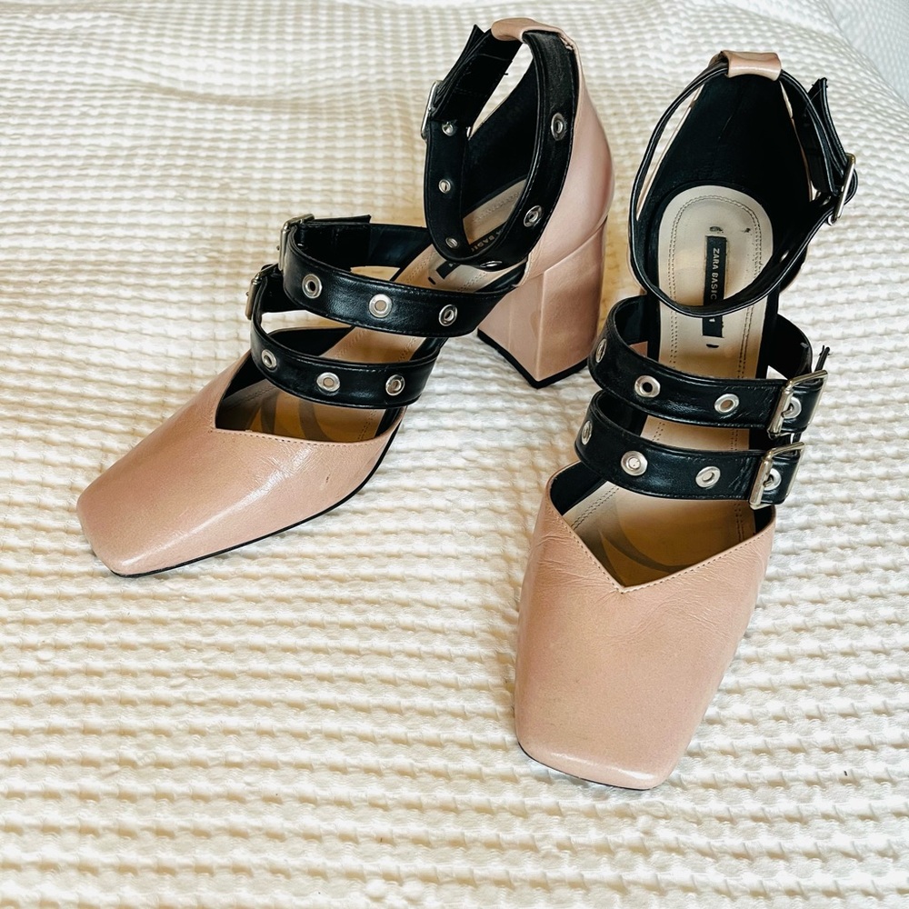 Zara || Black Blush Ballerina Square Toe Block Heel